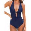 CUPSHE Women’s One Piece Swimsuit Bathing Suits Halter Deep V Neck Self Tie Cutout Scalloped Swimwear(Navy Blue)