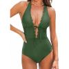 CUPSHE Women’s One Piece Swimsuit Bathing Suits Halter Deep V Neck Self Tie Cutout Scalloped Swimwear(Olive Green)