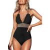 CUPSHE Women’s One Piece Swimsuit Halter Back Tie Scalloped V Neck Textured Contrast Stitching(Black)