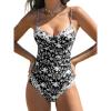 CUPSHE Women’s One Piece Swimsuit V Neck Color Block Underwire Push Up Ruching Tummy Control Back Cutout Retro Textured(Black/Tropical)