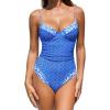 CUPSHE Women’s One Piece Swimsuit V Neck Color Block Underwire Push Up Ruching Tummy Control Back Cutout Retro Textured(Blue/Geo)