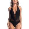 CUPSHE Women’s Plunging Hater One Piece Ruched Mesh Panel Swimsuit Deep V Neck Open Back Bathing Suit(Black)