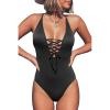 CUPSHE Women’s Solid Color V Neck Lace Up One Piece Swimsuit(Black)