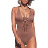 CUPSHE Women’s Solid Color V Neck Lace Up One Piece Swimsuit(Caramel)