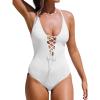 CUPSHE Women’s Solid Color V Neck Lace Up One Piece Swimsuit(White)