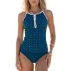 CUPSHE Women’s Tankini Sets High Neck Cutouts Two Piece Swimsuit Adjustable Straps Ruched Swimwear Mid Rise(Navy Blue/Polka Dot)