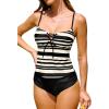 CUPSHE Women’s Tankini Sets Scoop Neck Two Piece Swimsuit Adjustable Straps Crisscross Self Tie Swimwear Ruched(Black Apricot Stripes)