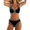CUPSHE Women’s Two Piece Bikini Sets Scoop Neck Bathing Suits Color Block Button Wide Straps Mide Rise Swimwear(Black/Beige)