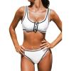 CUPSHE Women’s Two Piece Bikini Sets Scoop Neck Bathing Suits Color Block Button Wide Straps Mide Rise Swimwear(White/Black)