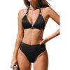 CUPSHE Women’s Two Piece Bikini Sets V Neck Bathing Suits Textured Halter Side Shirred Back Hook Adjustable Straps(Black)