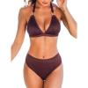 CUPSHE Women’s Two Piece Bikini Sets V Neck Bathing Suits Textured Halter Side Shirred Back Hook Adjustable Straps(Brown)