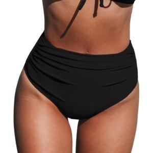 CUPSHE Women Swimsuit Bikini Bottom High Waisted Full Coverage Tummy Control Bathing Suit(Black)