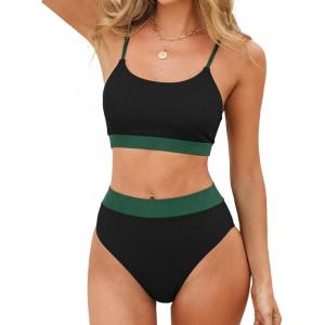 CUPSHE Women’s Bikini Set Two Piece Swimsuits High Waisted Scoop Neck Spaghetti Adjustable Straps Textured(Black/Dark Green)