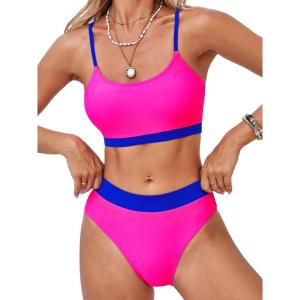 CUPSHE Women’s Bikini Set Two Piece Swimsuits High Waisted Scoop Neck Spaghetti Adjustable Straps Textured(Blue/Magenta)