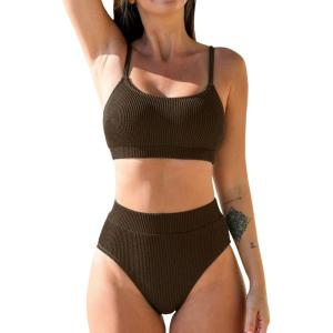 CUPSHE Women’s Bikini Set Two Piece Swimsuits High Waisted Scoop Neck Spaghetti Adjustable Straps Textured(Brown)