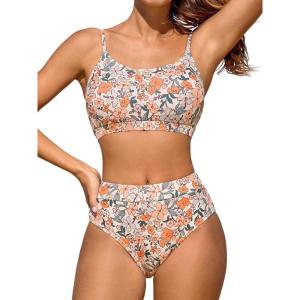 CUPSHE Women’s Bikini Set Two Piece Swimsuits High Waisted Scoop Neck Spaghetti Adjustable Straps Textured(Pale Tan/Floral)