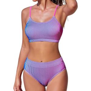 CUPSHE Women’s Bikini Set Two Piece Swimsuits High Waisted Scoop Neck Spaghetti Adjustable Straps Textured(Purple/Magenta)