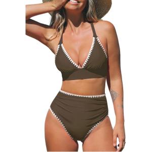 CUPSHE Women’s Bikini Sets High Waisted Swimsuit Deep V Neck Crisscross Back Tie Stitching Ruched Full Coverage(Brown)