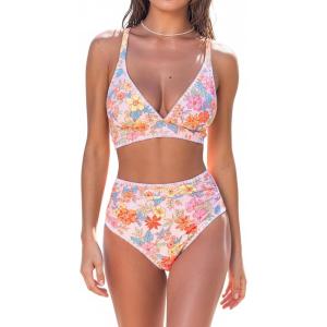 CUPSHE Women’s Bikini Sets High Waisted Swimsuit Deep V Neck Crisscross Back Tie Stitching Ruched Full Coverage(Light Pink/Floral)