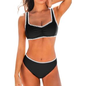 CUPSHE Women’s Bikini Sets Sweetheart Neck Adjustable Wide Straps Swimsuit Stitching Bathing Suit Mid Rise(Black)