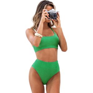 CUPSHE Women’s Bikini Sets Two Piece Bathing Suit High Waisted Ribbed Texture Widen Trim(Green)