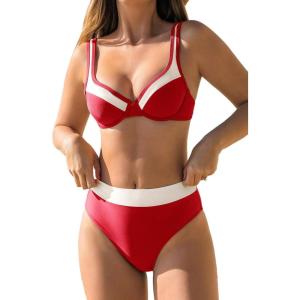 CUPSHE Women’s Bikini Sets Two Piece Bathing Suit High Waisted Underwire Wide Adjustable Straps Color Block Back Hook(Red/White)