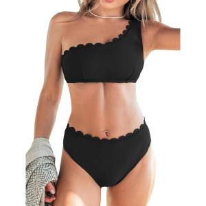 CUPSHE Women’s Bikini Sets Two Piece Bathing Suit One Shoulder Scalloped Wide Strap Back Hook(Black)