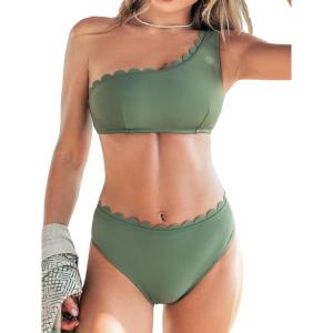 CUPSHE Women’s Bikini Sets Two Piece Bathing Suit One Shoulder Scalloped Wide Strap Back Hook(Eucalyptus Green)
