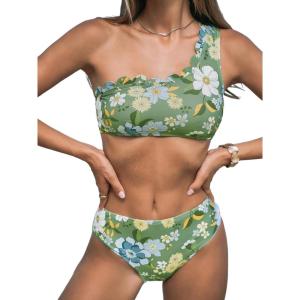 CUPSHE Women’s Bikini Sets Two Piece Bathing Suit One Shoulder Scalloped Wide Strap Back Hook(Green/Blue Floral)