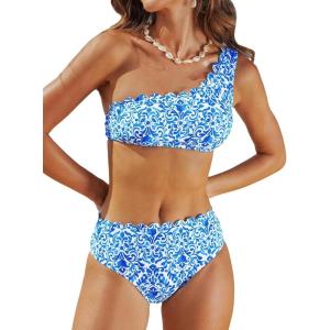 CUPSHE Women’s Bikini Sets Two Piece Bathing Suit One Shoulder Scalloped Wide Strap Back Hook(White/Blue Baroque Floral)