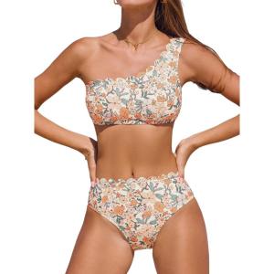 CUPSHE Women’s Bikini Sets Two Piece Bathing Suit One Shoulder Scalloped Wide Strap Back Hook(Yellow/Orange Floral)