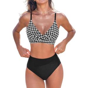 CUPSHE Women’s Bikini Sets Two Piece Swimsuit High Waisted V Neck Twist Front Adjustable Spaghetti Straps Bathing Suit(Black Houndstooth)