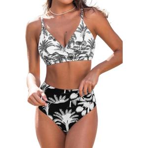 CUPSHE Women’s Bikini Sets Two Piece Swimsuit High Waisted V Neck Twist Front Adjustable Spaghetti Straps Bathing Suit(Black Tropical)