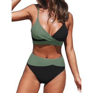 CUPSHE Women’s Bikini Sets Two Piece Swimsuit High Waisted V Neck Twist Front Adjustable Spaghetti Straps Bathing Suit(Black/Green)