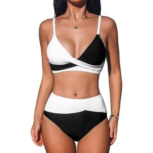 CUPSHE Women’s Bikini Sets Two Piece Swimsuit High Waisted V Neck Twist Front Adjustable Spaghetti Straps Bathing Suit(Black/White)