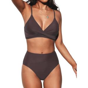 CUPSHE Women’s Bikini Sets Two Piece Swimsuit High Waisted V Neck Twist Front Adjustable Spaghetti Straps Bathing Suit(Brown)