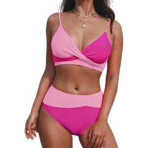CUPSHE Women’s Bikini Sets Two Piece Swimsuit High Waisted V Neck Twist Front Adjustable Spaghetti Straps Bathing Suit(Magenta/Pink)