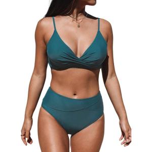 CUPSHE Women’s Bikini Sets Two Piece Swimsuit High Waisted V Neck Twist Front Adjustable Spaghetti Straps Bathing Suit(Ocean Blue)