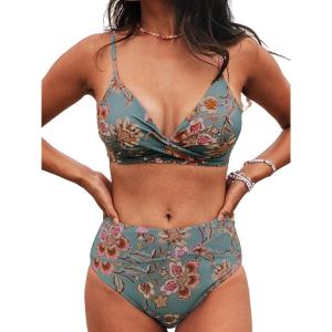 CUPSHE Women’s Bikini Sets Two Piece Swimsuit High Waisted V Neck Twist Front Adjustable Spaghetti Straps Bathing Suit(Red Floral)