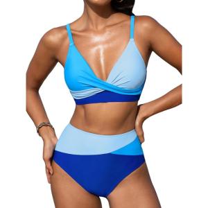 CUPSHE Women’s Bikini Sets Two Piece Swimsuit High Waisted V Neck Twist Front Adjustable Spaghetti Straps Bathing Suit(Sky Blue/Azure Blue)