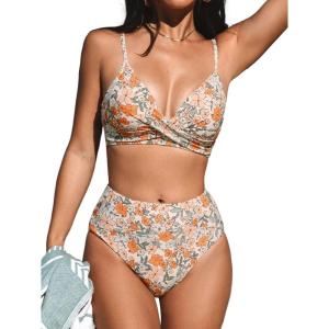 CUPSHE Women’s Bikini Sets Two Piece Swimsuit High Waisted V Neck Twist Front Adjustable Spaghetti Straps Bathing Suit(Yellow Floral)