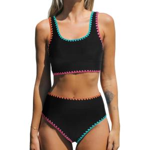 CUPSHE Women’s Bikini Sets Two Piece Swimsuit Scoop Neck Tank Wide Straps Midkini Stitching(Black)