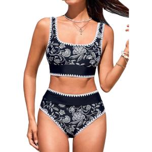 CUPSHE Women’s Bikini Sets Two Piece Swimsuit Scoop Neck Tank Wide Straps Midkini Stitching(Black/White)