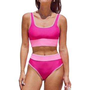 CUPSHE Women’s Bikini Sets Two Piece Swimsuit Scoop Neck Tank Wide Straps Midkini Stitching(Magenta/Pink)