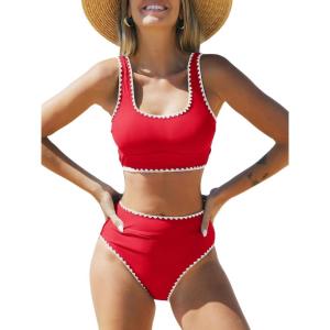 CUPSHE Women’s Bikini Sets Two Piece Swimsuit Scoop Neck Tank Wide Straps Midkini Stitching(Red/White)