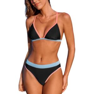 CUPSHE Women’s Bikini Sets Two Piece Swimsuit Sexy Bathing Suits V Neck Back Hook Adjustable Straps Color Block(Black/Color Block)