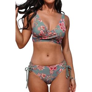 CUPSHE Women’s Bikini Swimsuit Front Cross Lace Up Two Piece Bathing Suit(Grey Green/Red)