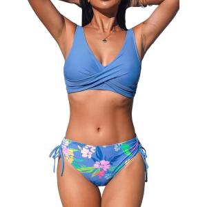 CUPSHE Women’s Bikini Swimsuit Front Cross Lace Up Two Piece Bathing Suit(Periwinkle Blue/Floral)