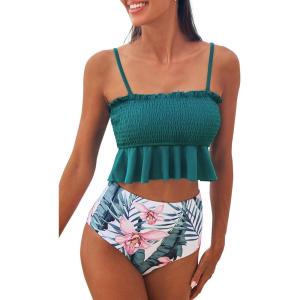 CUPSHE Women’s High Waist Bikini Swimsuit Ruffle Two Piece Bathing Suit(Teal)