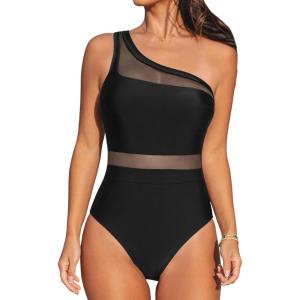 CUPSHE Women’s One Piece Swimsuit Asymmetric Neck One Shoulder Bathing Suit Mesh Swimwear(Black)